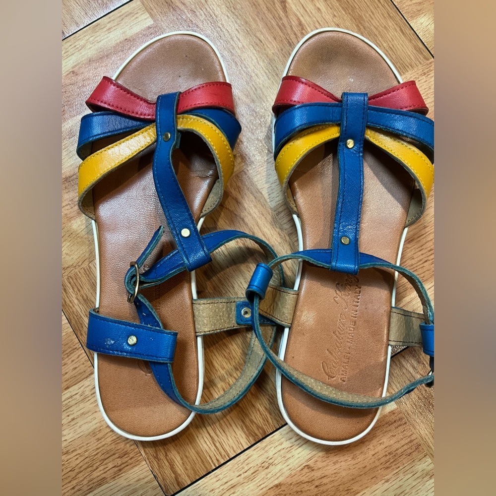 Calzature King Quality Leather Sandals Made in Italy Yellow Blue Red Size 38/7.5